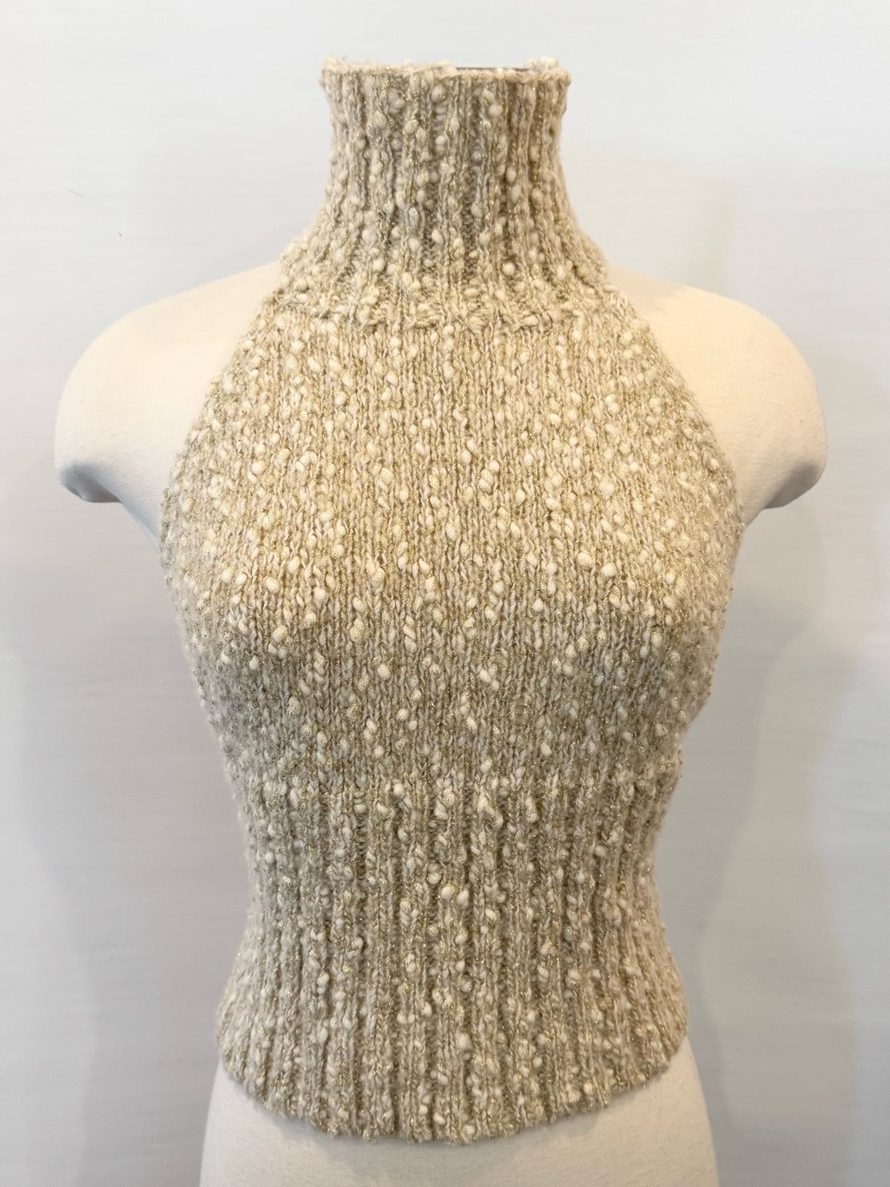 EXPRESS Wool Blend Cream Metallic Gold Knit Vintage Holiday Halter Sweater Top M - Picture 9 of 15